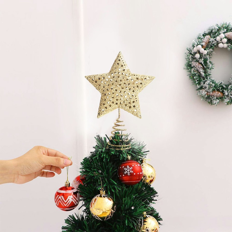 image 1 of Living and Home Christmas Tree Star Topper Golden Glitter Ornaments - Star night