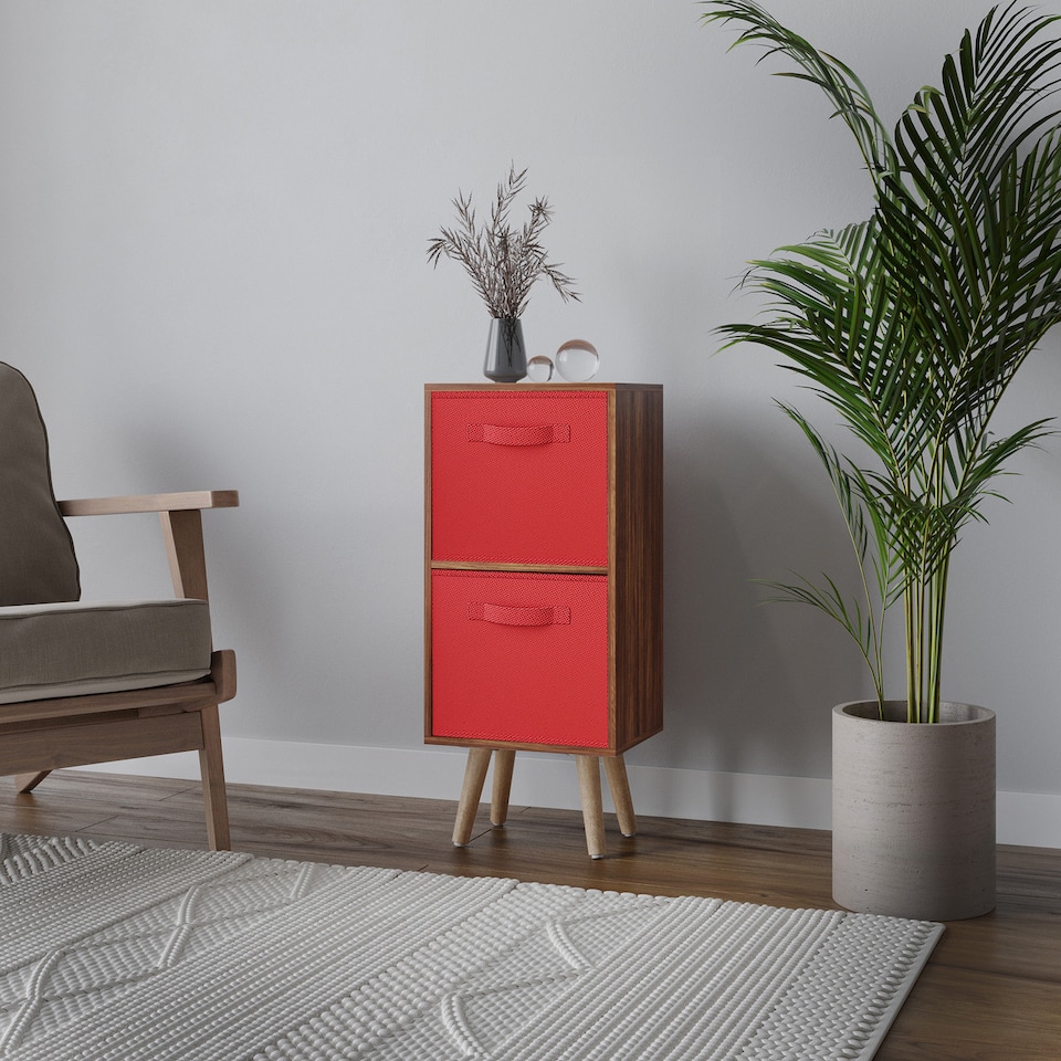 image 1 of Teak 2-Tier 2-Drawer Cube Shelving Unit with Scandinavian Legs | Red | Red & Beech | 1