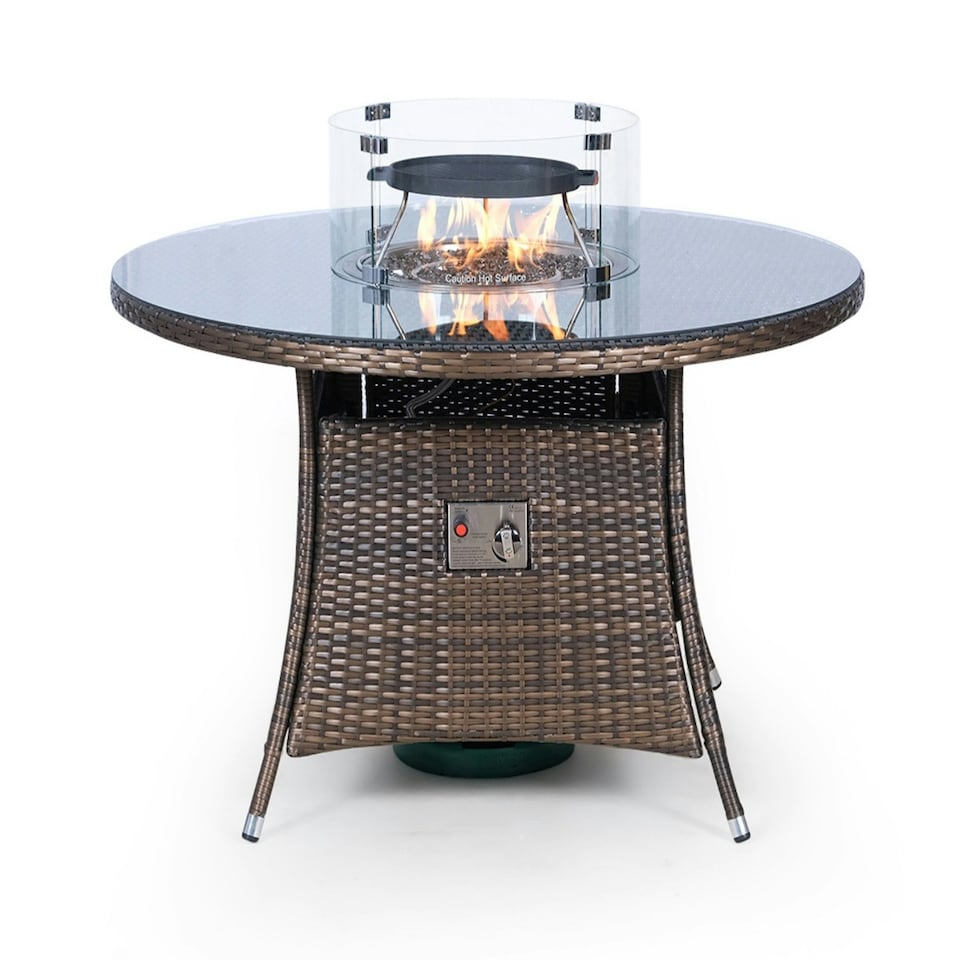 image 1 of Giardino Fire Pit 4 Seater Round Rattan Dining Table Brown