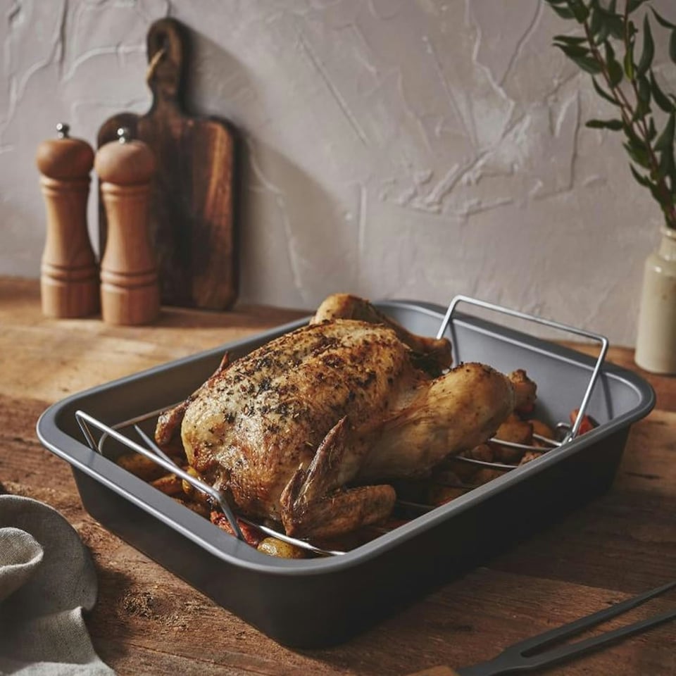 image 1 of 36cm Non-Stick Stainless Steel Curved Roasting Rack & Tray for Ovens Silver