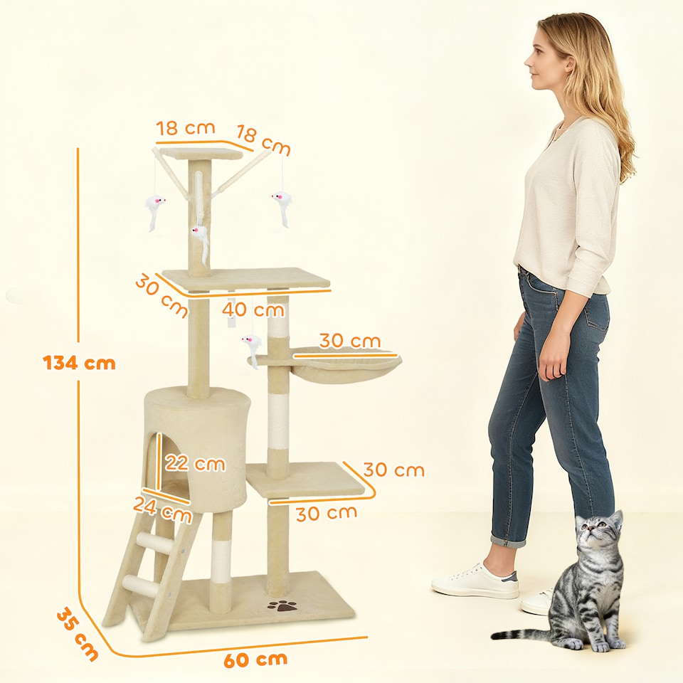 image 1 of PawHut Cat Tree for Indoor Cats, 134cm Scratching Post Climbing Tower, Beige