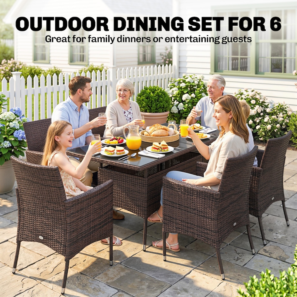 image 1 of Outsunny Rattan Dining Set for 6 with Cushions, Glass Top Table, Brown