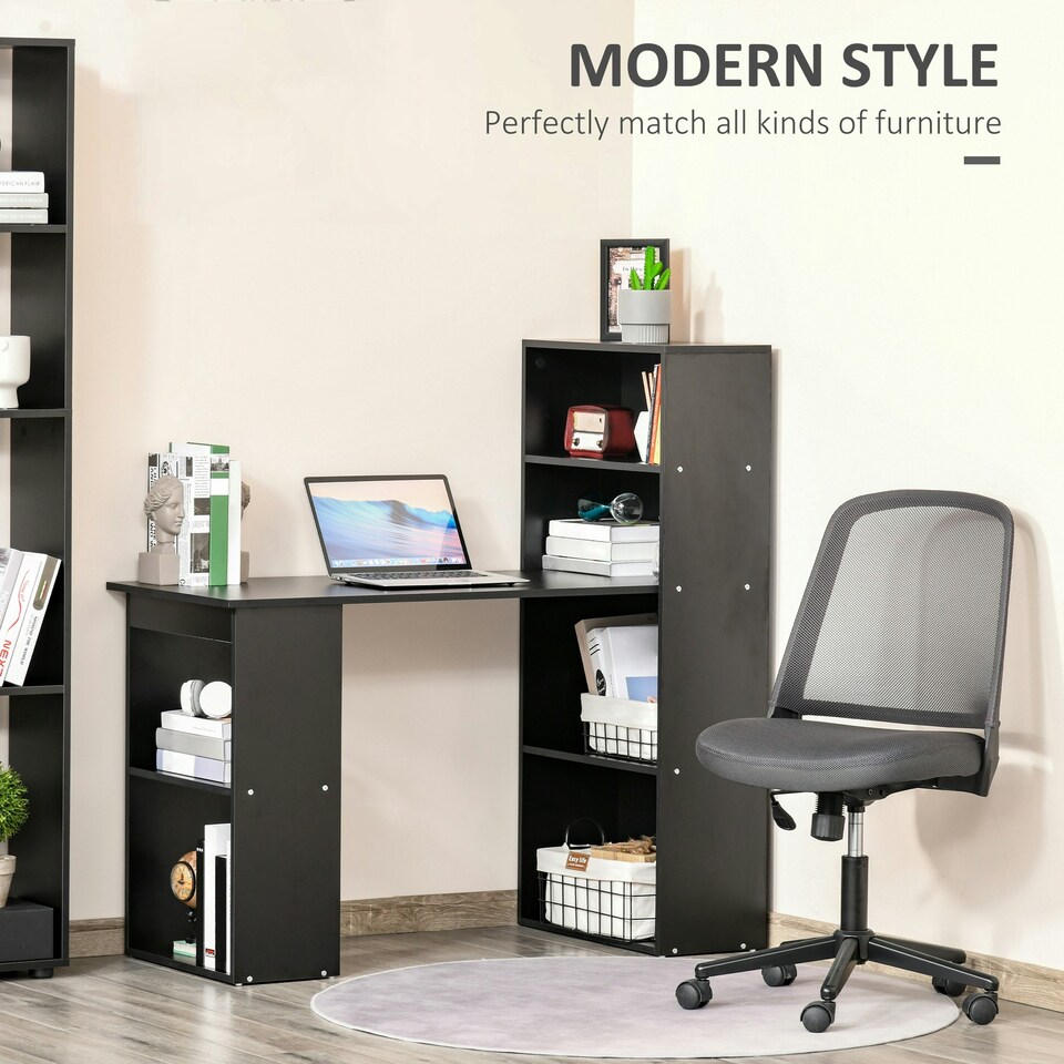 image 1 of HOMCOM 120cm Computer Desk Bookshelf Writing Table 6 Shelves Black