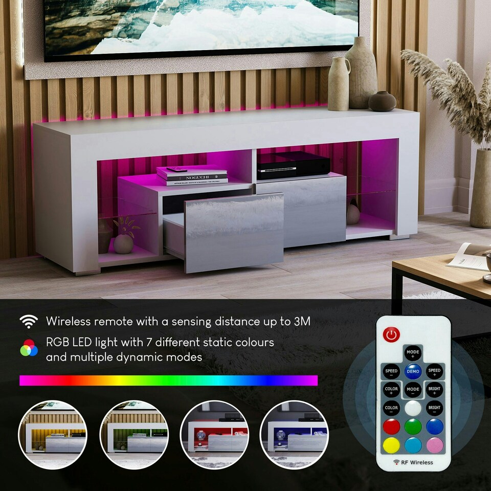 image 1 of Vida Designs Luna 2 Drawer LED TV Unit Entertainment Stand, White & Grey