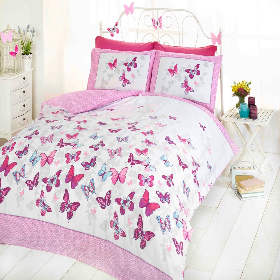 image 1 of Flutter Butterfly Polycotton Reversible Duvet Cover Set with Pillowcase Pink | King