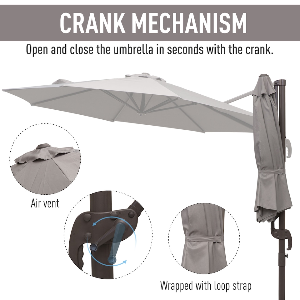 image 1 of Outsunny 3M Cantilever Parasol, Hanging Garden Umbrella Sun Shade with 360 Rotation, Aluminium Frame, Cross Base, Hand Crank, Grey