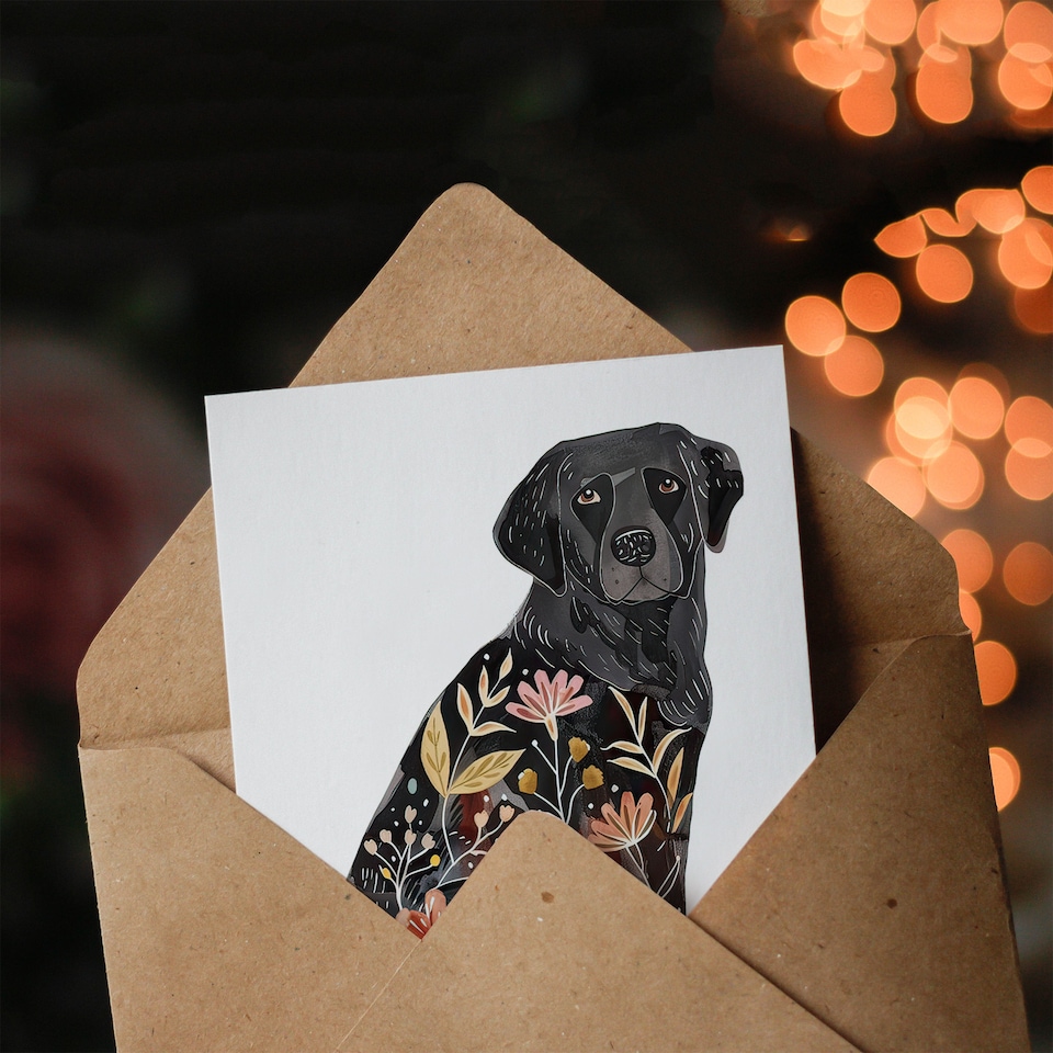 image 1 of Greeting Card Floral Pattern Black Labrador Dog Lover Design Birthday