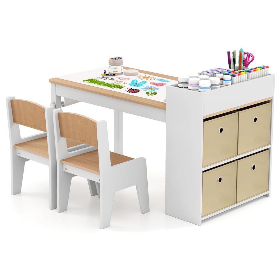 image 1 of COSTWAY Kids Art Table and Chairs Set with 2 Chairs Yellow