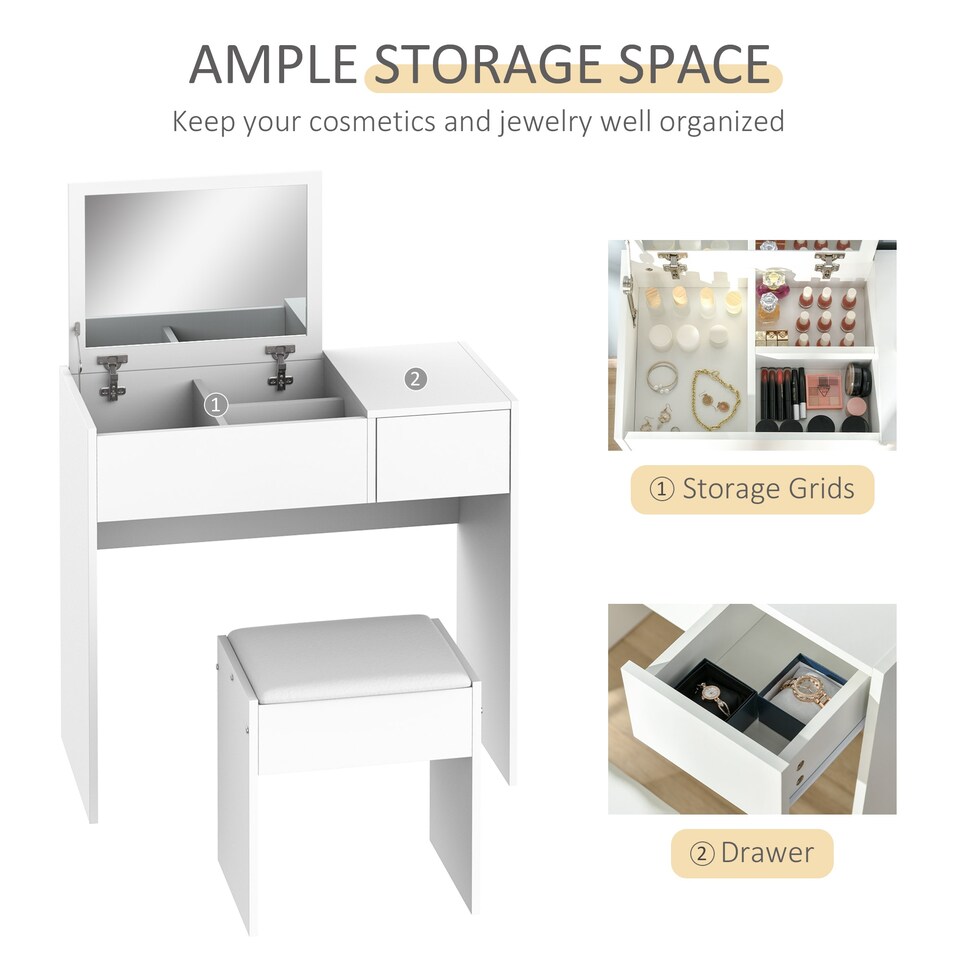 image 1 of HOMCOM Dressing Table Set with Flip-up Mirror Padded Stool Sliding Drawer White