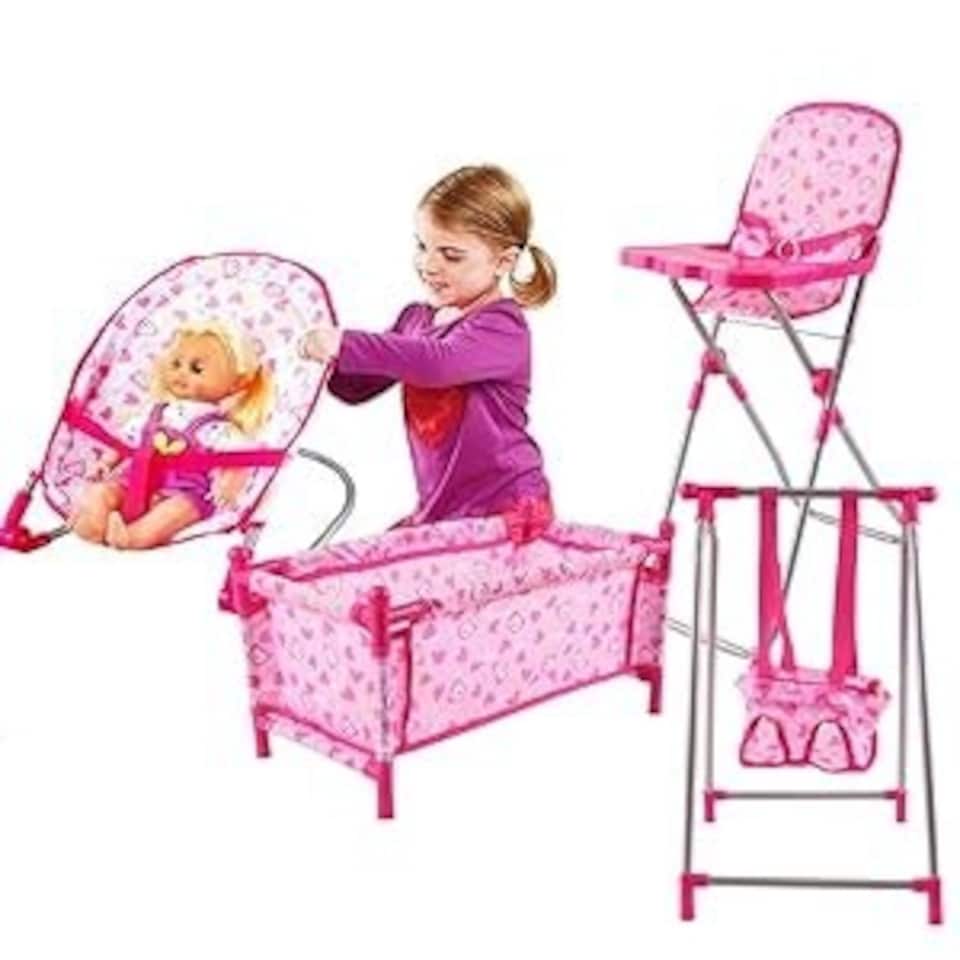 image 1 of 5-in-1 Baby Doll Play Set - with Cot, Swing & High Chair Cot Bed, Bouncer, Adjustable Swing Seats & High Chair