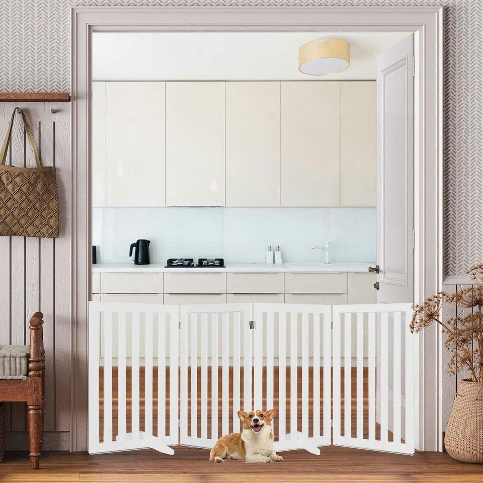 image 1 of COSTWAY 4-Panel 89 cm Pet Barrier Wooden Freestanding White
