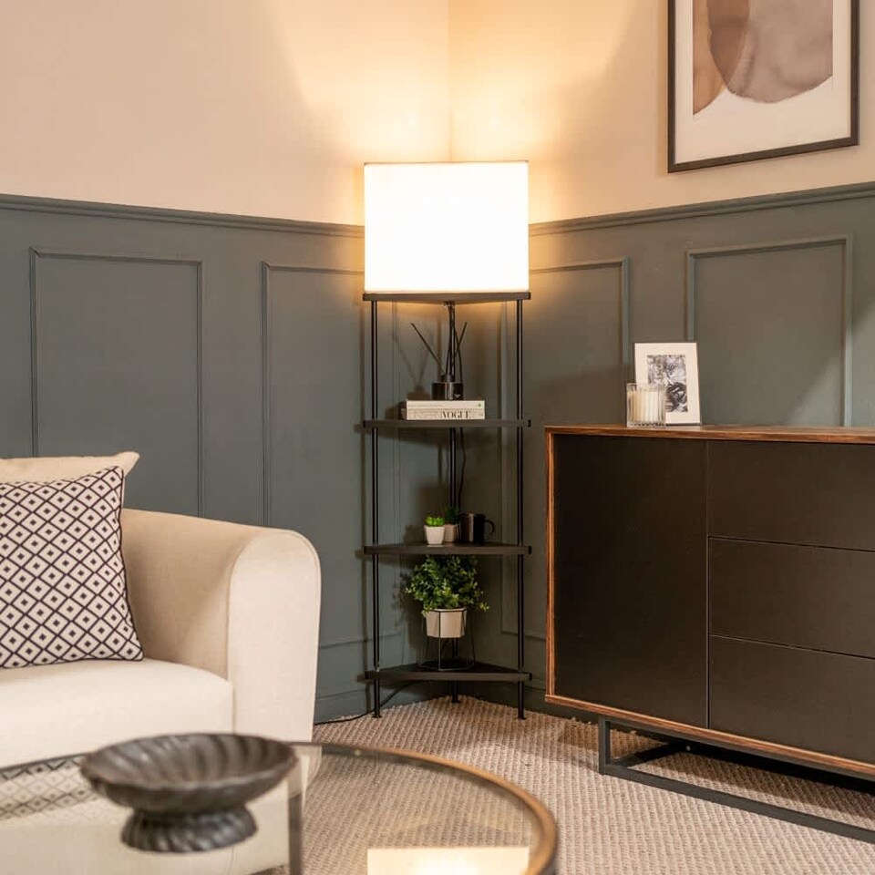 image 1 of ValueLights Taska Black Wooden 3 Tier Corner Floor Lamp with Grey Fabric Shade and Storage Shelves - Bulb Included | Black