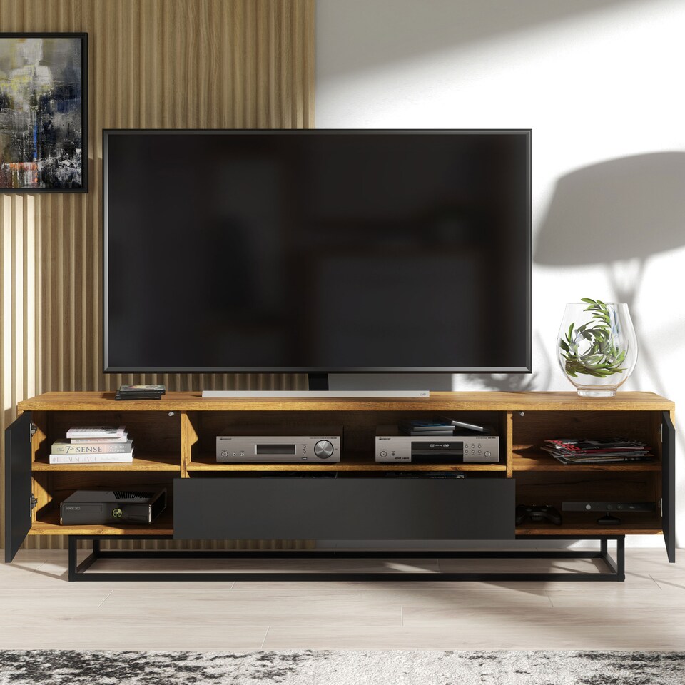 image 1 of TV Unit Sideboard Cabinet Storage Cabinet Oak Black Matt Media Console Stand 200cm