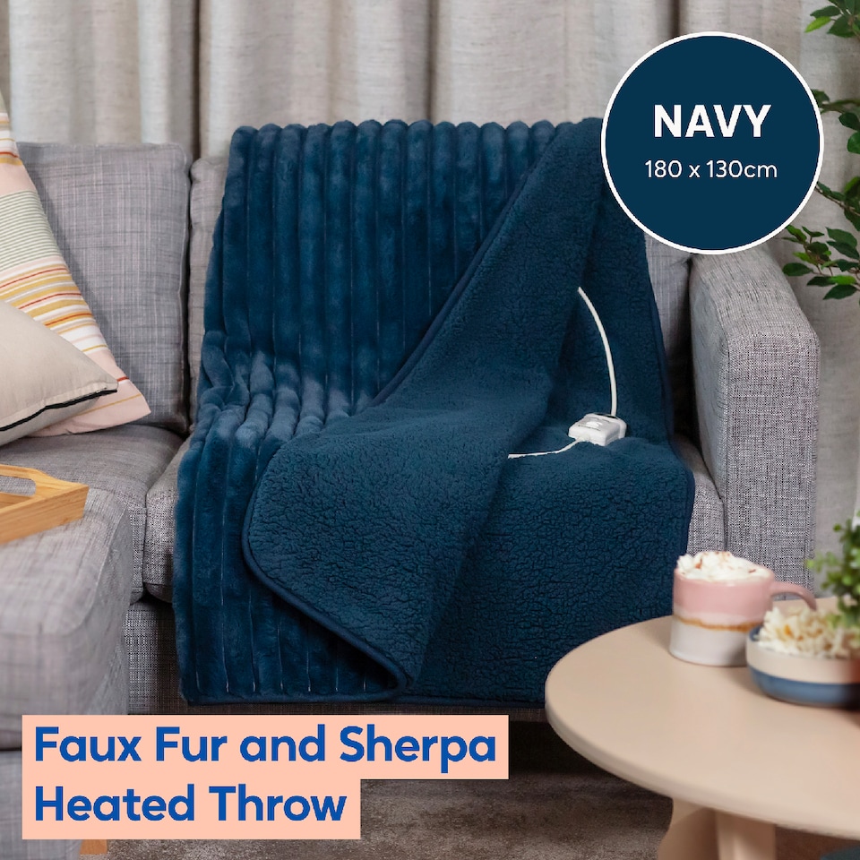 image 1 of Russell Hobbs RHHT1005BLU Electric Blanket Blue Heated Throw Faux Fur & Sherpa