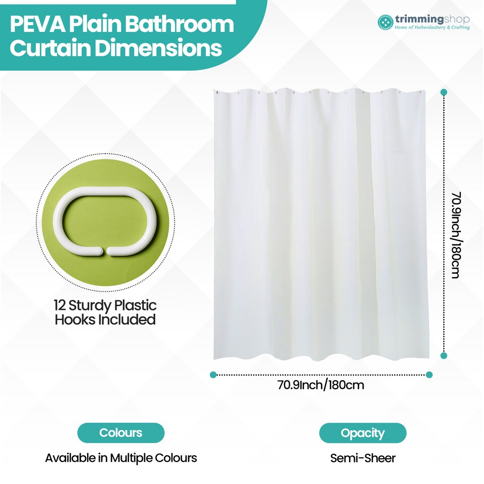 image 1 of PEVA Plain Mould & Mildew Resistant Shower Curtain with 12 Hooks - 180x180cm