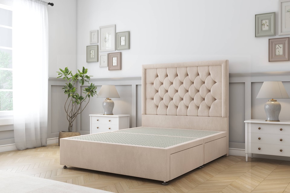 image 1 of Sloomy Montana Sand Naples Divan Bed Base 2 Drawers Foot-End With 26 Inch Strutted Headboard | Cream | Sand | Super King | 1