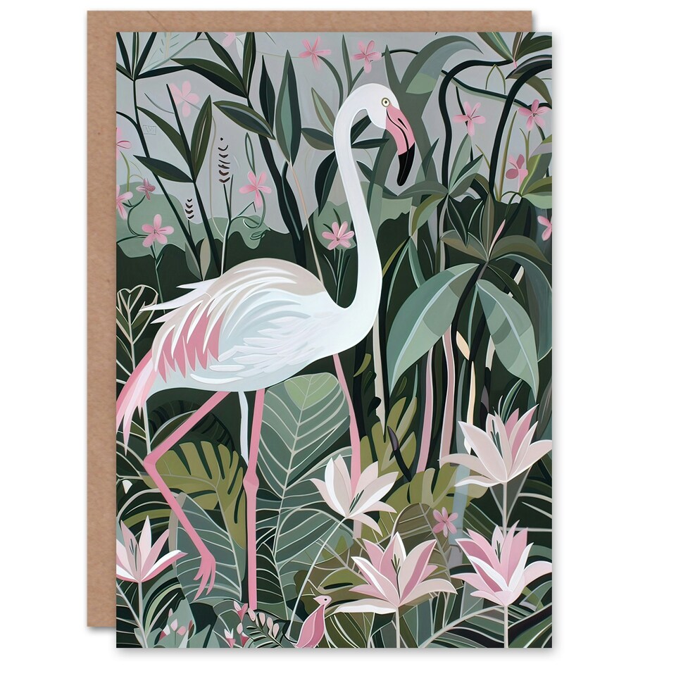 image 1 of Pink Lilies Leaves Tropical Woman Flamingo Her Birthday Card