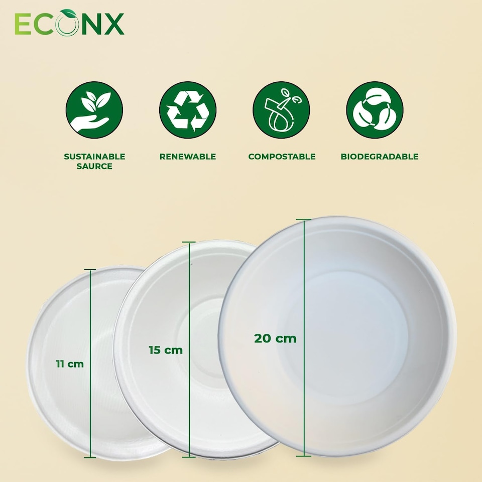 image 1 of ECONX 100Pcs Biodegradable Bagasse Bowls 6oz White Sugarcane Disposable Bowl