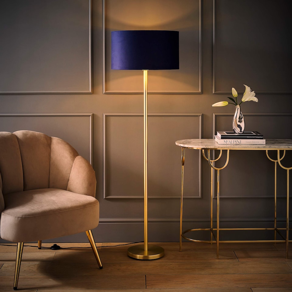 image 1 of ValueLights Charlie Gold Floor Lamp Navy Velvet Gold Inner Shade | Blue