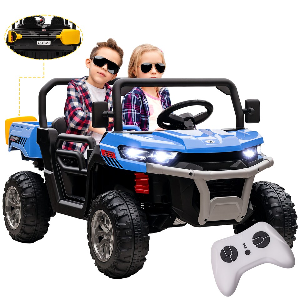 image 1 of HOMCOM Kids Ride on Car, Electric Car for Kids with Electric Bucket, 12V 2 Seater UTV with Shovel, Parental Remote, 4 Spring Suspension Wheels, Working Horn, Music - Blue