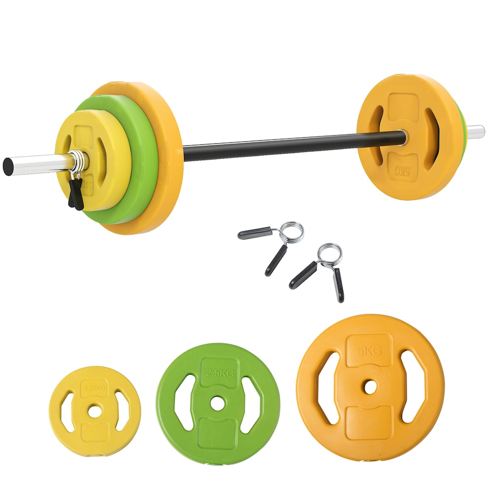 image 1 of HOMCOM 20kg Weights Barbell Set with Non-slip Handle for Strength Training Multi | Orange, Green, Yellow | Standard