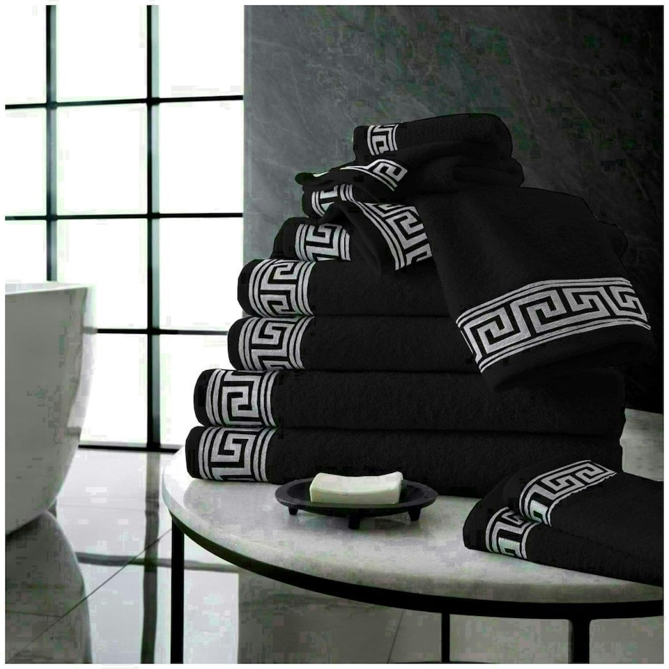 image 1 of VELVETIO 8 Piece Towel Bale Set Jacquard Greek Key Pattern - 100% Cotton, 450 GSM Black