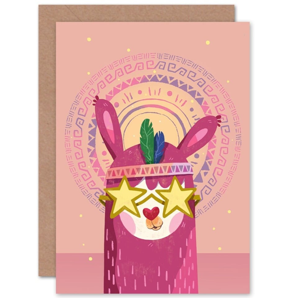 image 1 of Pink Llama Teen Girl Star Sunglasses Groovy Design Greeting Card