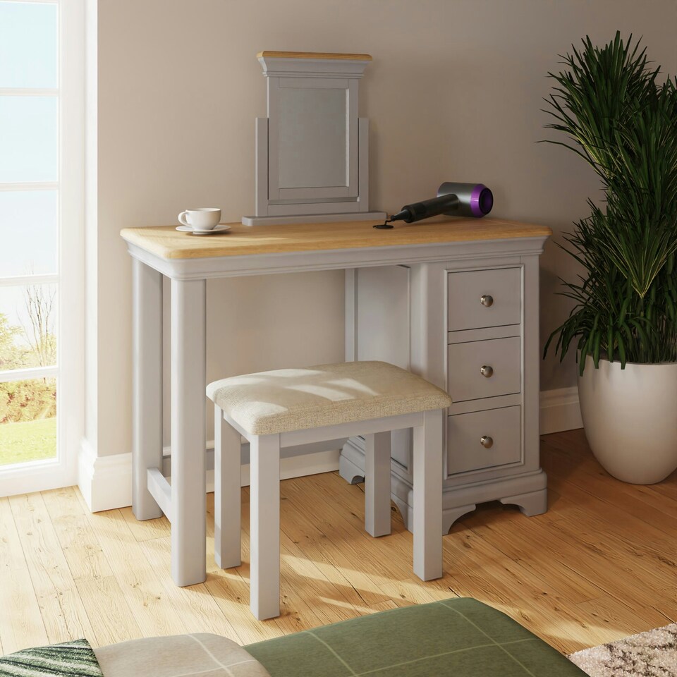 image 1 of Faire 3 Drawer Dressing Table Set in Dove Grey with Oak Top Grey