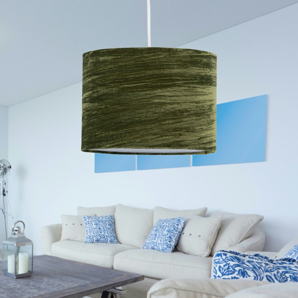 image 1 of Set of 2 Green Crushed Velvet 30cm Pendant Lightshades Green
