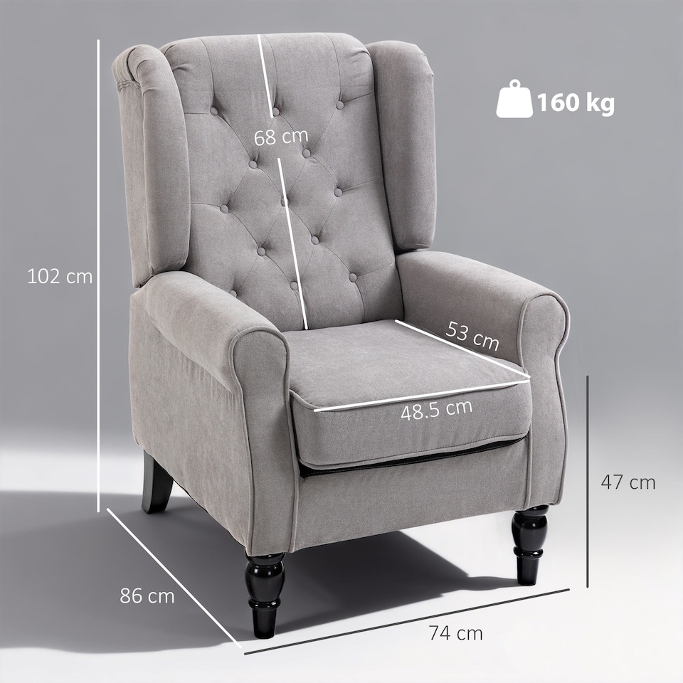 image 1 of HOMCOM Retro Accent Chair, Snow Flannel Wingback Armchair with Wood Frame Button Tufted Design for Living Room Bedroom, Grey