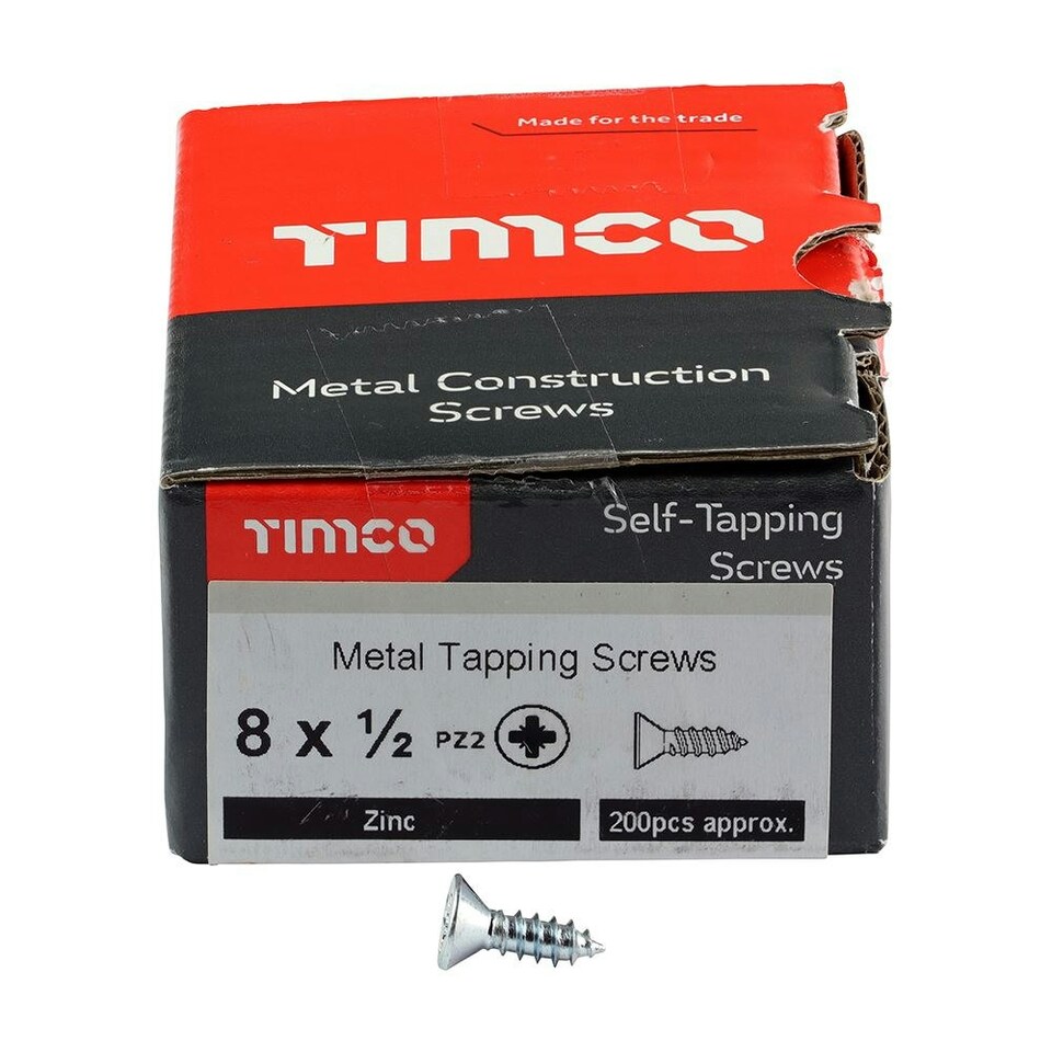 image 1 of Timco - Metal Tapping Screws - PZ - Countersunk - Self-Tapping - Zinc (Size 8 x 1/2 - 200 Pieces)