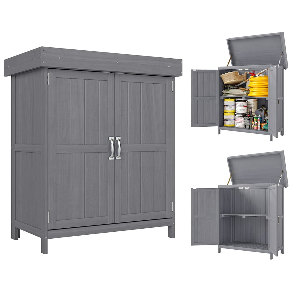 image 1 of Outsunny Wooden Garden Shed Double Door Tool Storage House, 74x43x88cm, Grey