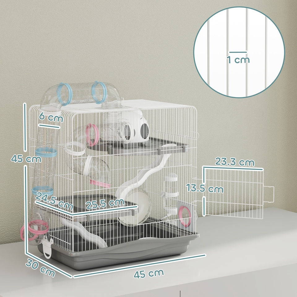 image 1 of PawHut 3-Tier Hamster Cage, Gerbil Cage for Dwarf Hamsters, 45 x 30 x 45 cm