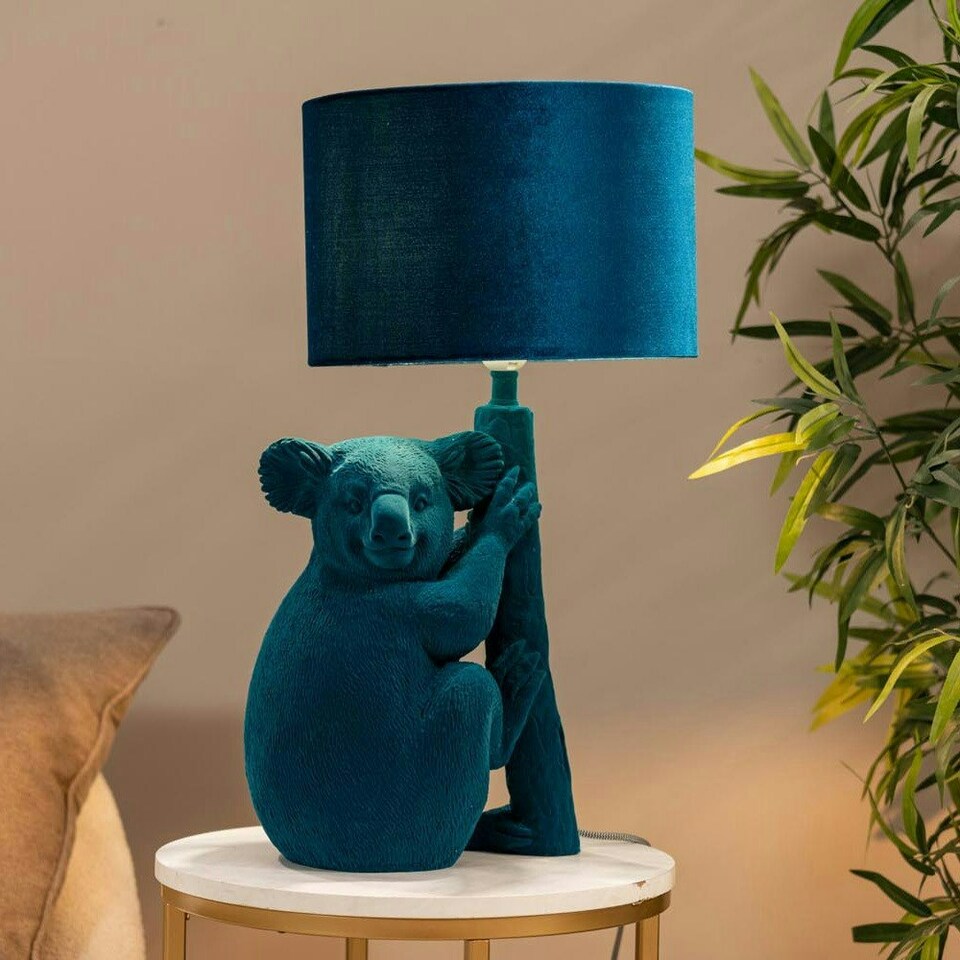 image 1 of ValueLights Teal Velvet Koala Bedside Table Lamp with a Drum Lampshade Animal Light - Bulb Included