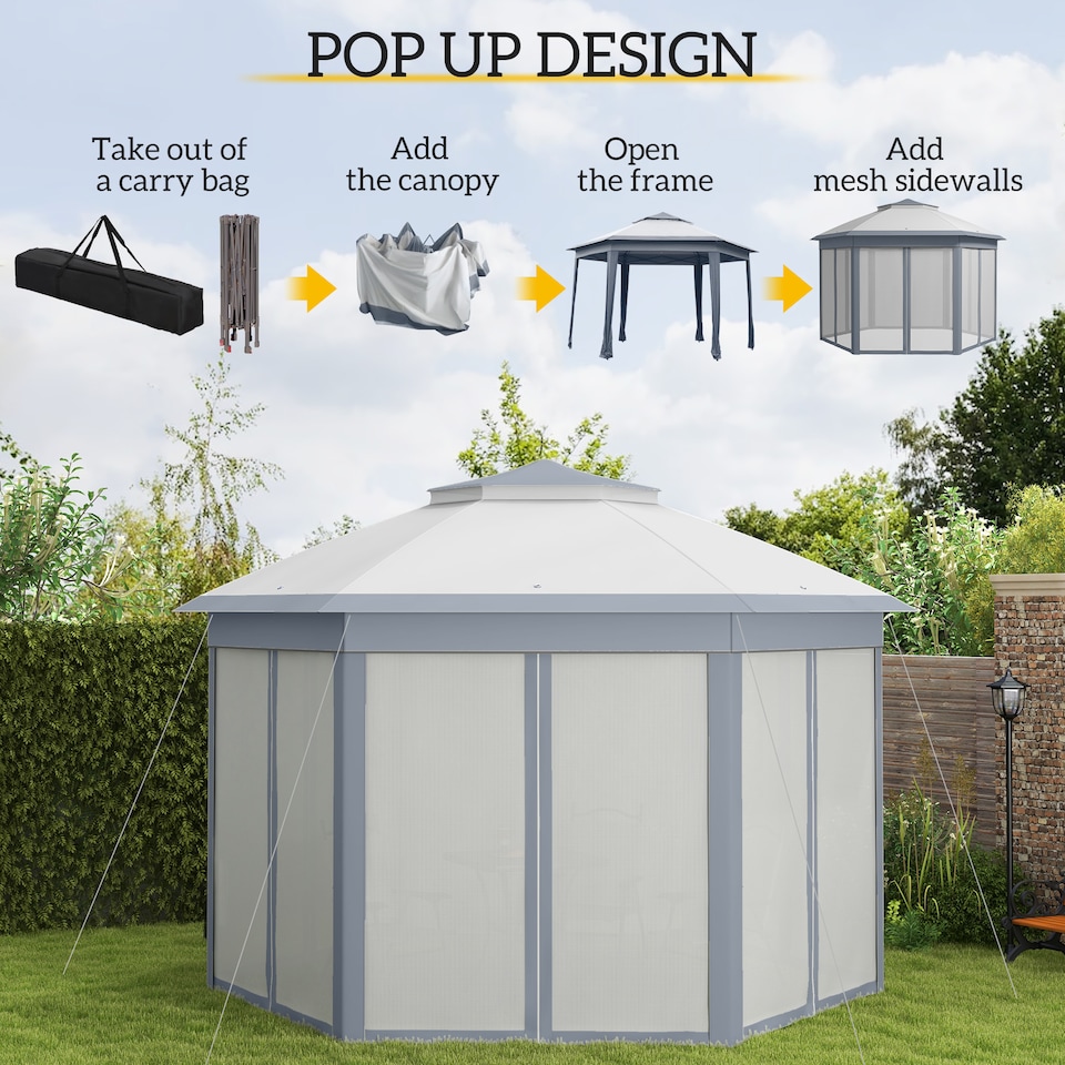 image 1 of Outsunny 3 x 4m Garden Gazebo Hexagon Pop Up Gazebo Party Tent Canopy Double Roof Instant Shelter with Netting and Carry Bag for Outdoor Patio, Grey