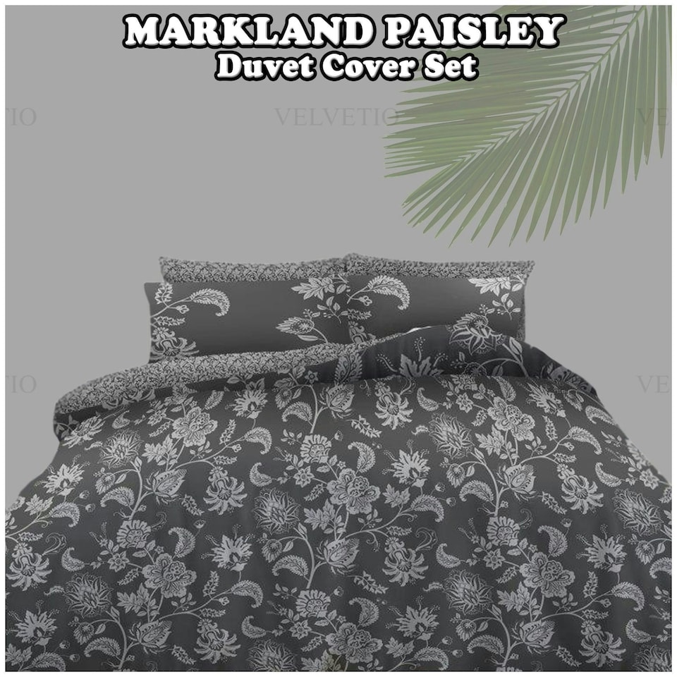 image 1 of VELVETIO Markland Paisley Complete Duvet Cover Set with Fitted Sheet Luxury Bedding Quilt Grey | King