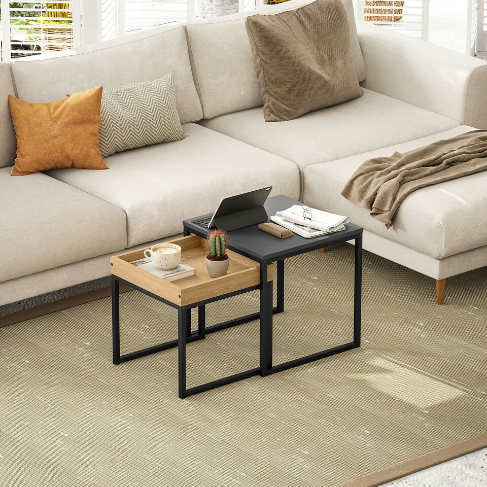 image 1 of HOMCOM Modern Coffee Table Set Square Nest of Tables for Small Space Black