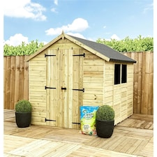 8 x 8 Pressure Treated Tongue And Groove Double Door Apex Shed - 2 Windows + Low Eaves (8' x 8') / (8ft x 8ft) (8x8)