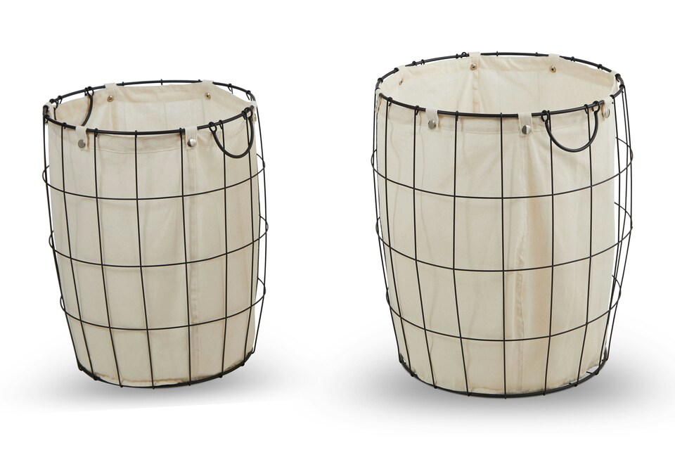 image 1 of Interiors By Premier Set Of Two Matte Black Laundry Baskets, Minimal Laundry Hampers With Cotton Liners, Round Wire Frame Baskets | Black