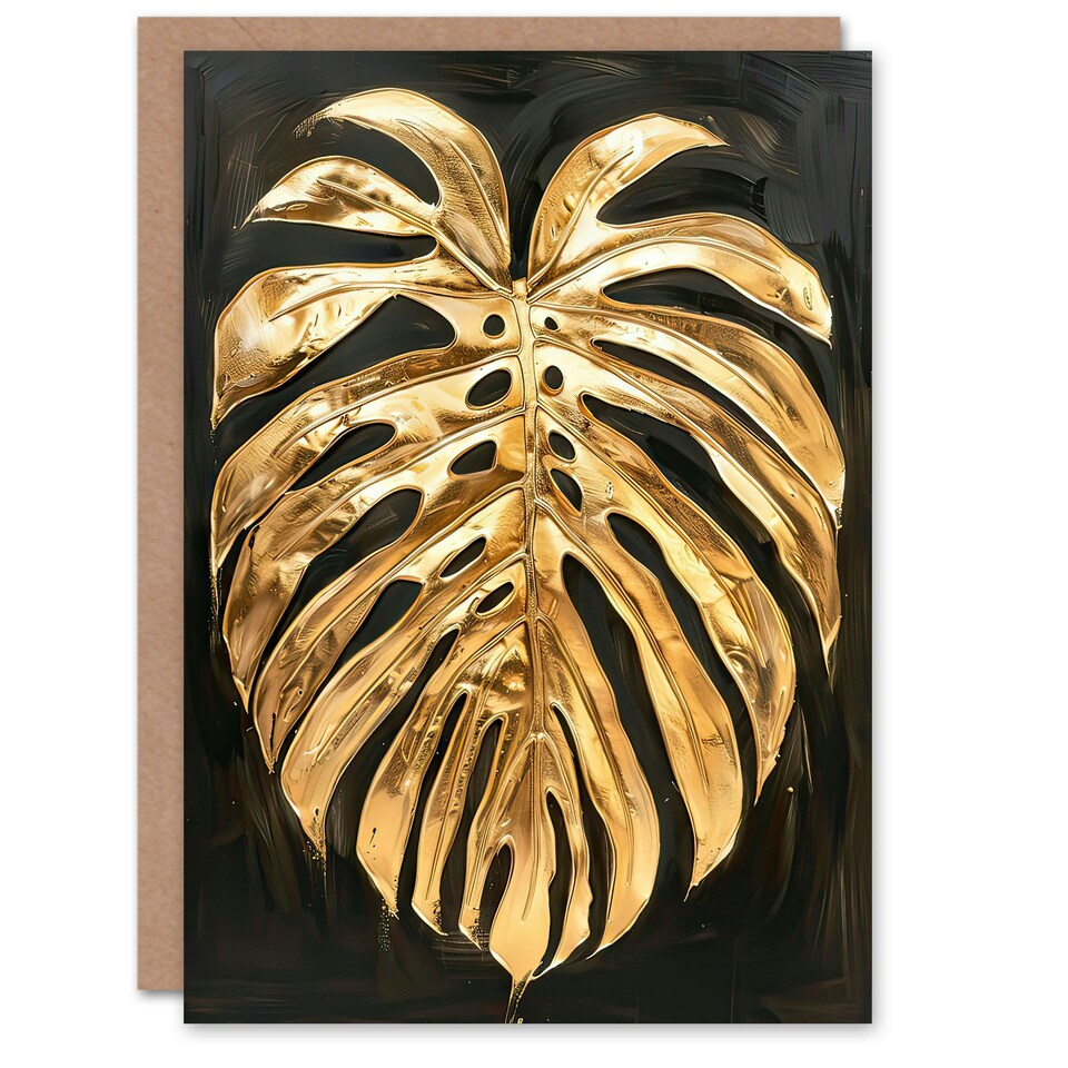 image 1 of Plant Lover Golden Monstera Leaf Dark Him Her Birthday Card