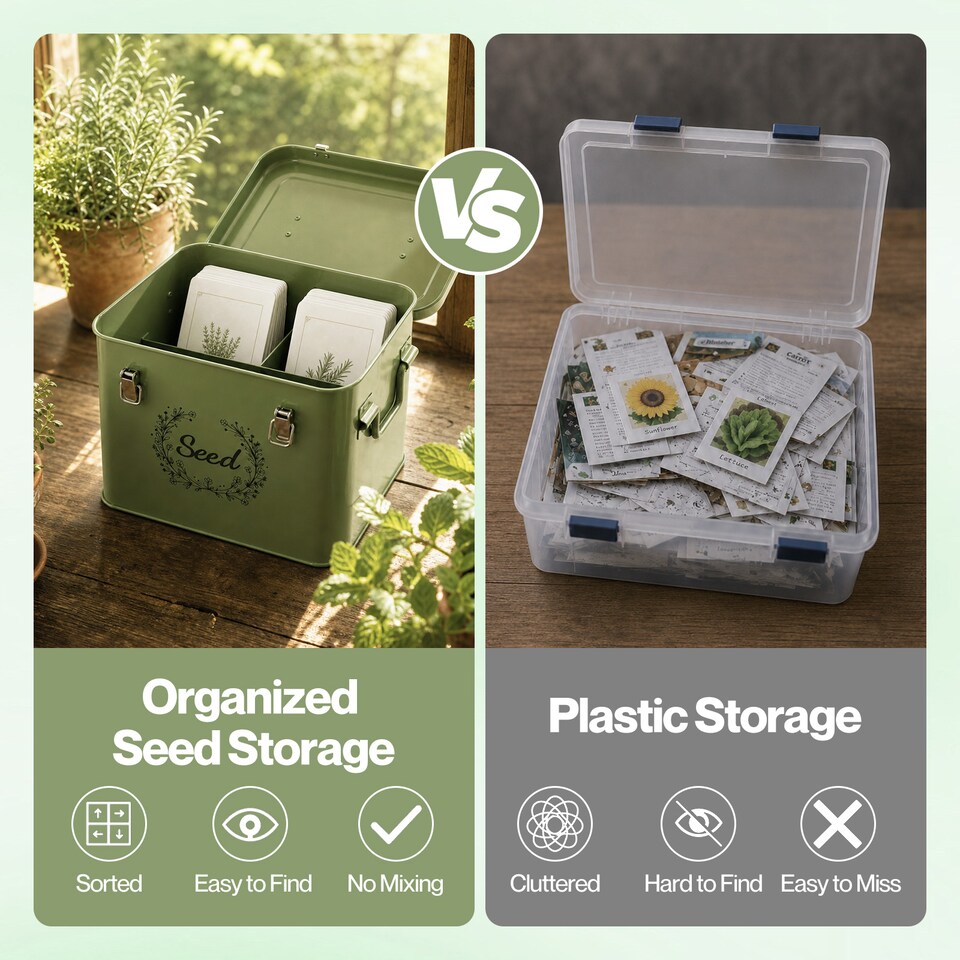 image 1 of TOQUE Seed Storage Box Organiser 3 Compartment Metal Seed Storage Green