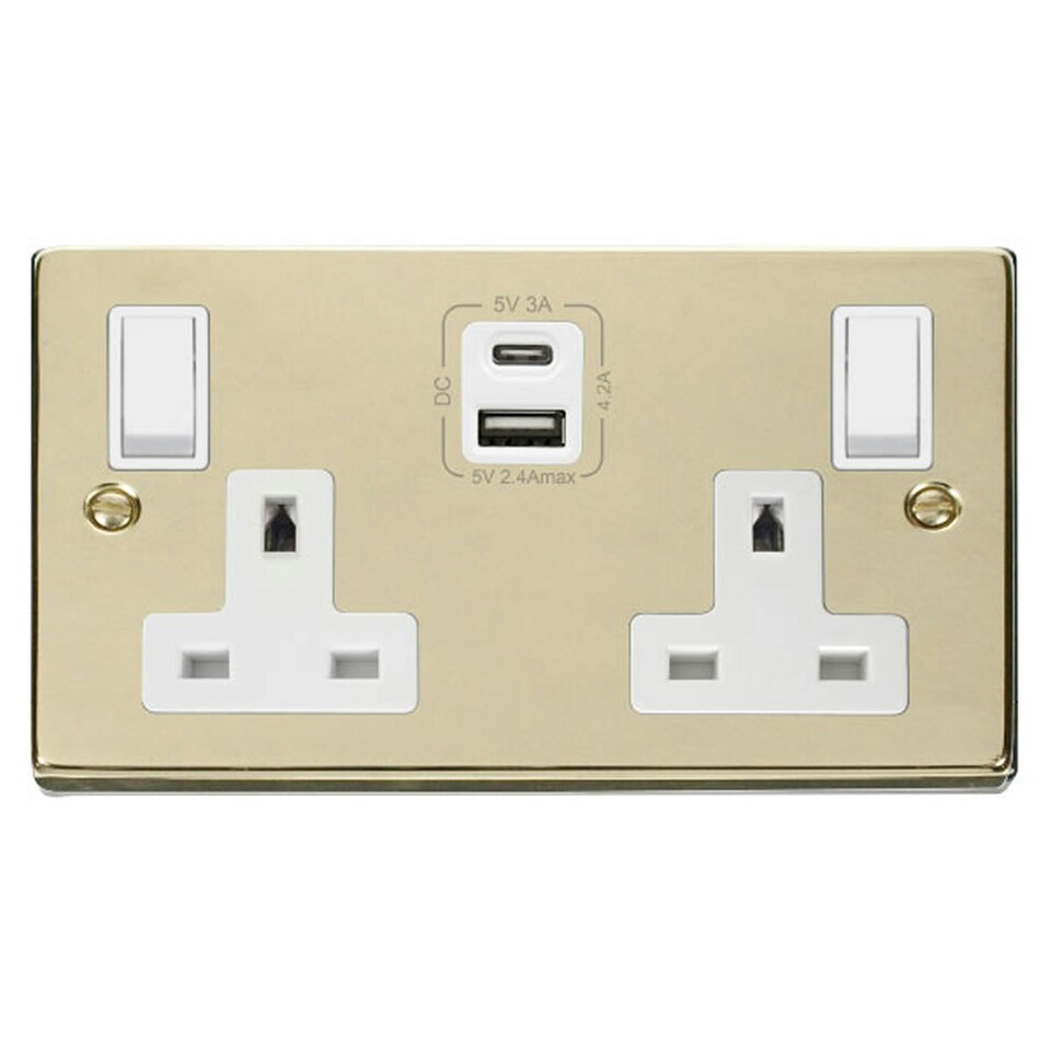 image 1 of SE HOME Polished Brass 2 Gang 13A Type A & C USB Twin Double Switched Plug Socket White | Polished Brass