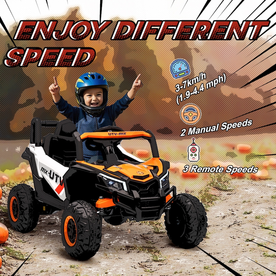 image 1 of AIYAPLAY 12V Kids Ride On Car, Electric Car for Kids UTV with Remote Control, Slow Start, Suspension System, LED Lights, Music, USB Port, for Boys Girls 3-5 Years | Orange