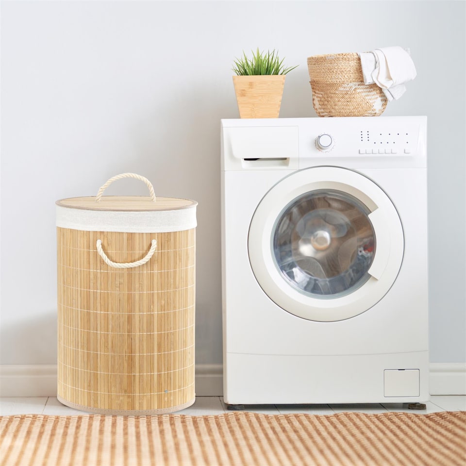 image 1 of GEEZY Round Bamboo Hamper Natural Laundry Basket Beige
