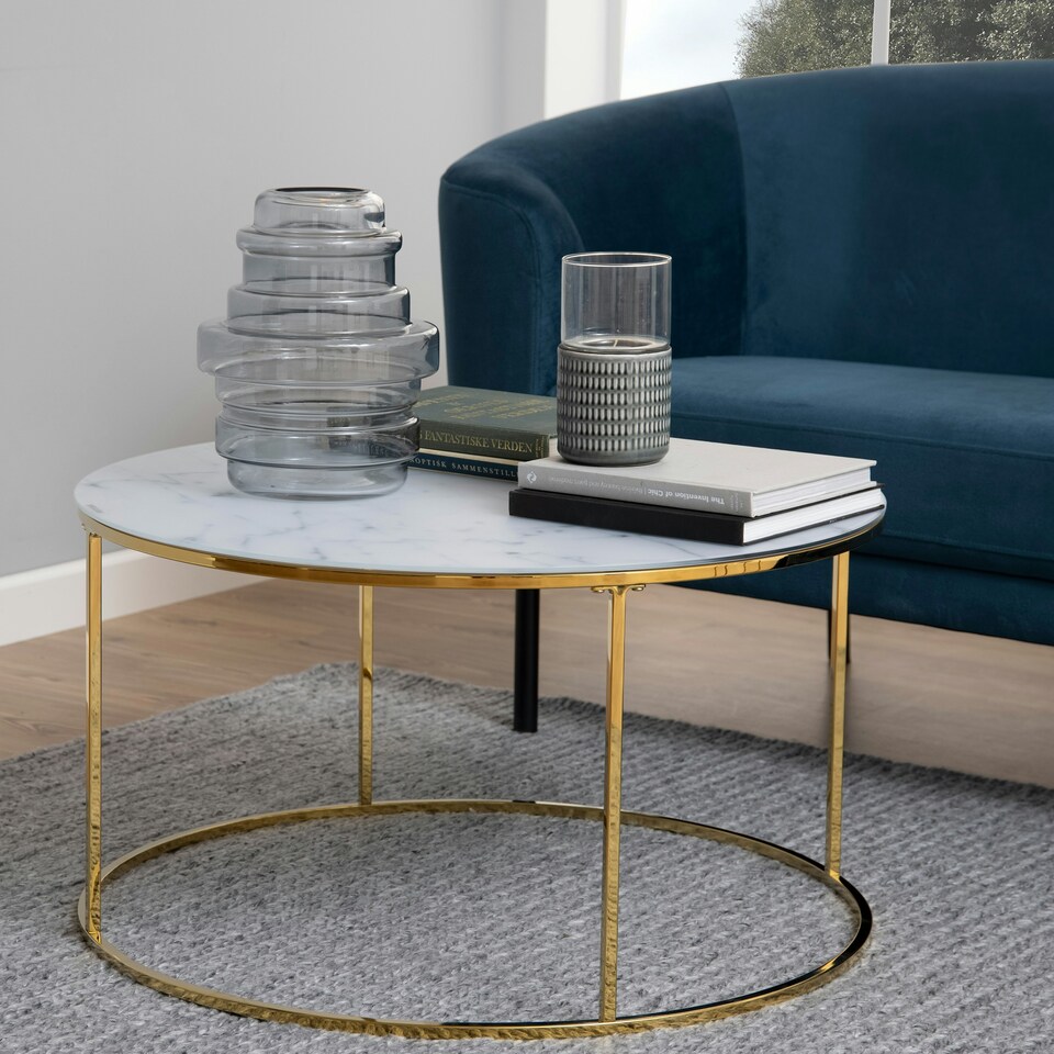 image 1 of Bolton -A1 Round Coffee Table with White Marble Effect Glass Top & Gold Base