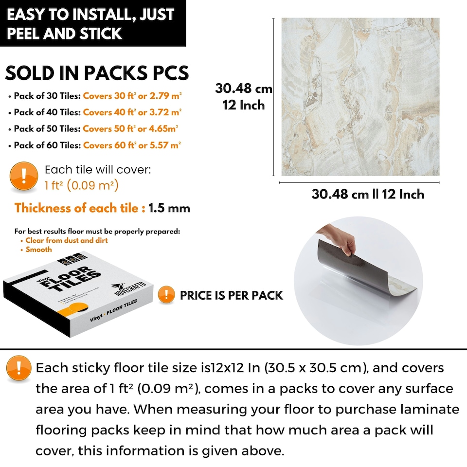 image 1 of NOVECRAFTO Vinyl Floor Tiles Self Adhesive – 12x12in Peel and Stick Flooring for Kitchen, Bathroom & Living Room – Beige Marble Flow Design Brown | 4.65 sqm