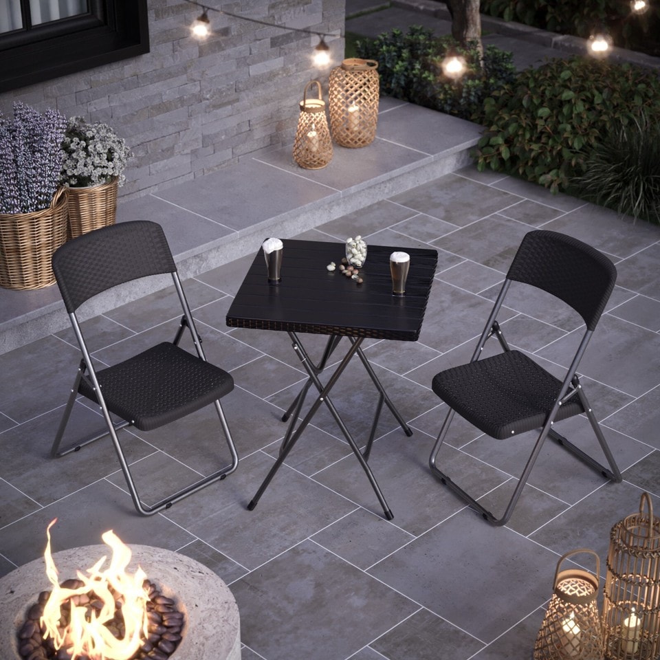 image 1 of 3 Pcs Black Rattan Design Folding Square Table & Chairs Set Outdoor Garden Patio