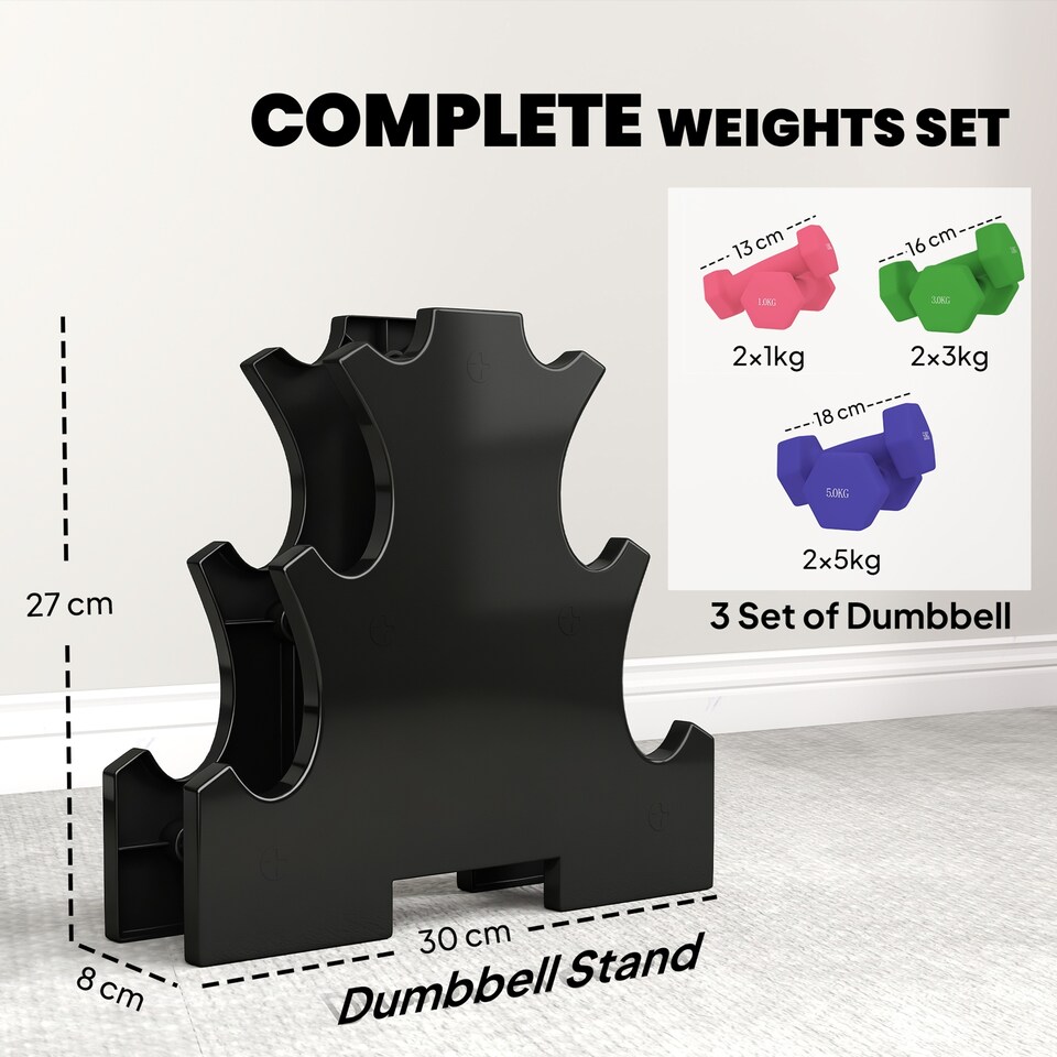 image 1 of SPORTNOW Hex Dumbbells Set with Dumbbell Rack, 2 x 1kg, 2 x 3kg, 2 x 5kg | Multi | Pink, Green, Purple | 30L x 8W x 27H cm
