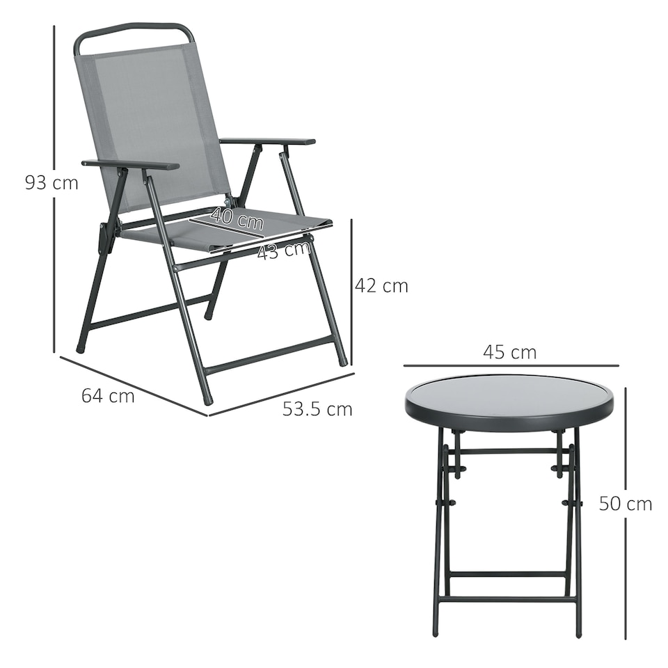 image 1 of Outsunny Garden Bistro Set, 3 Pieces Table and Chairs Set, Outdoor Garden Furniture with Foldable Breathable Mesh Fabric Armchairs & Glass Top Coffee Table | Grey