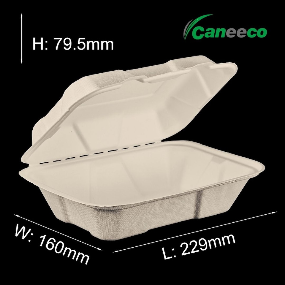 image 1 of Bagasse Sugarcane Takeaway Meal Boxes 9x6 Clamshell Food Containers TUV Home Compostable Certified, Unbleached, PFAS Free & Sturdy for Hot & Cold Food, Restaurants, BBQs Parties